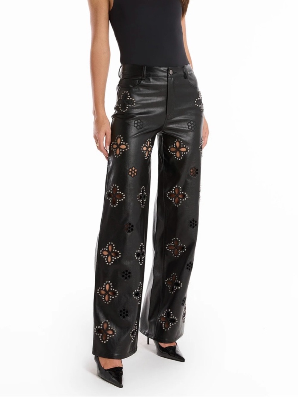 Noli Black Faux Leather Straight-Leg Pants with Laser-Cut & Stud Details